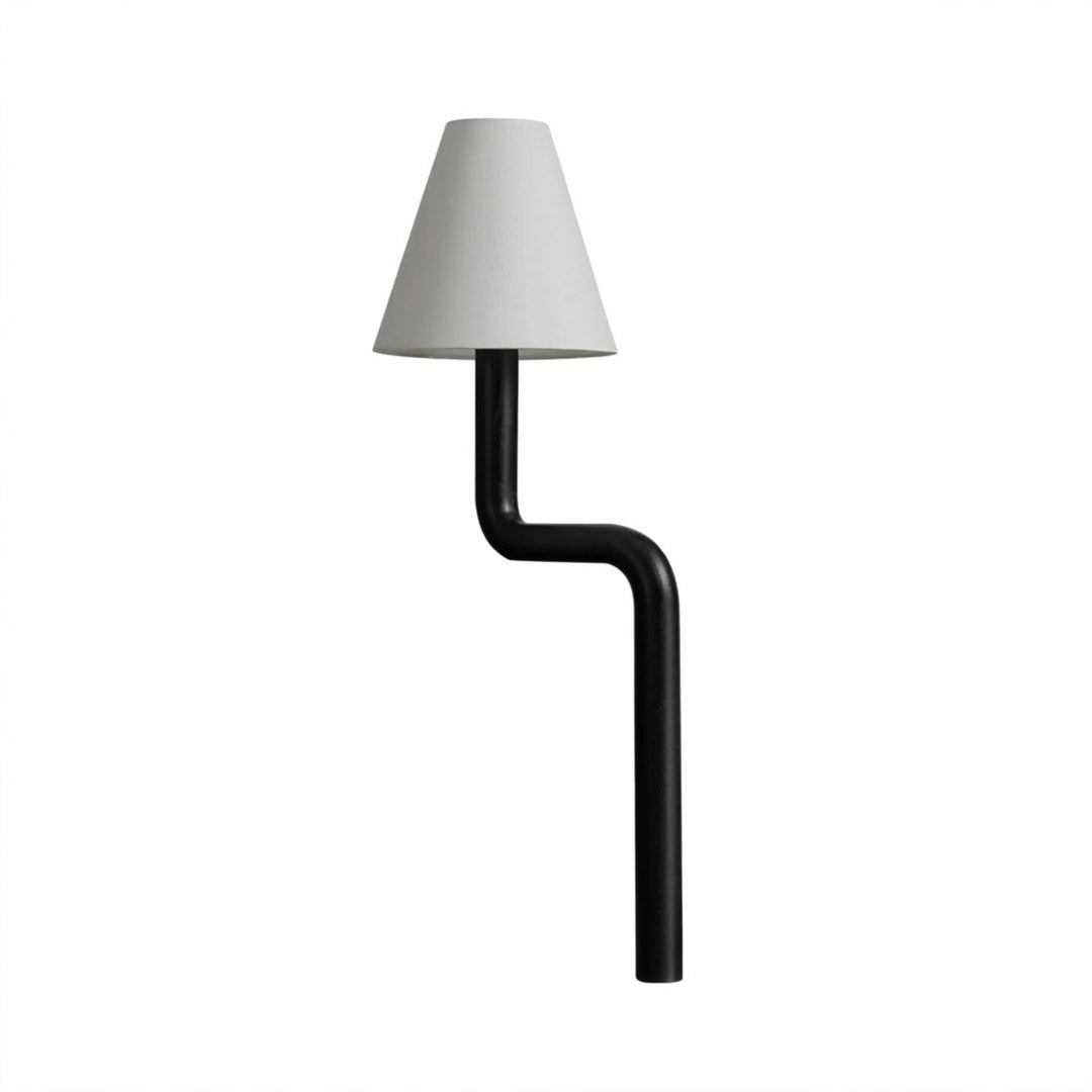 Modern bent wood table lamp with warm ambient LED lighting by Stuberlighting