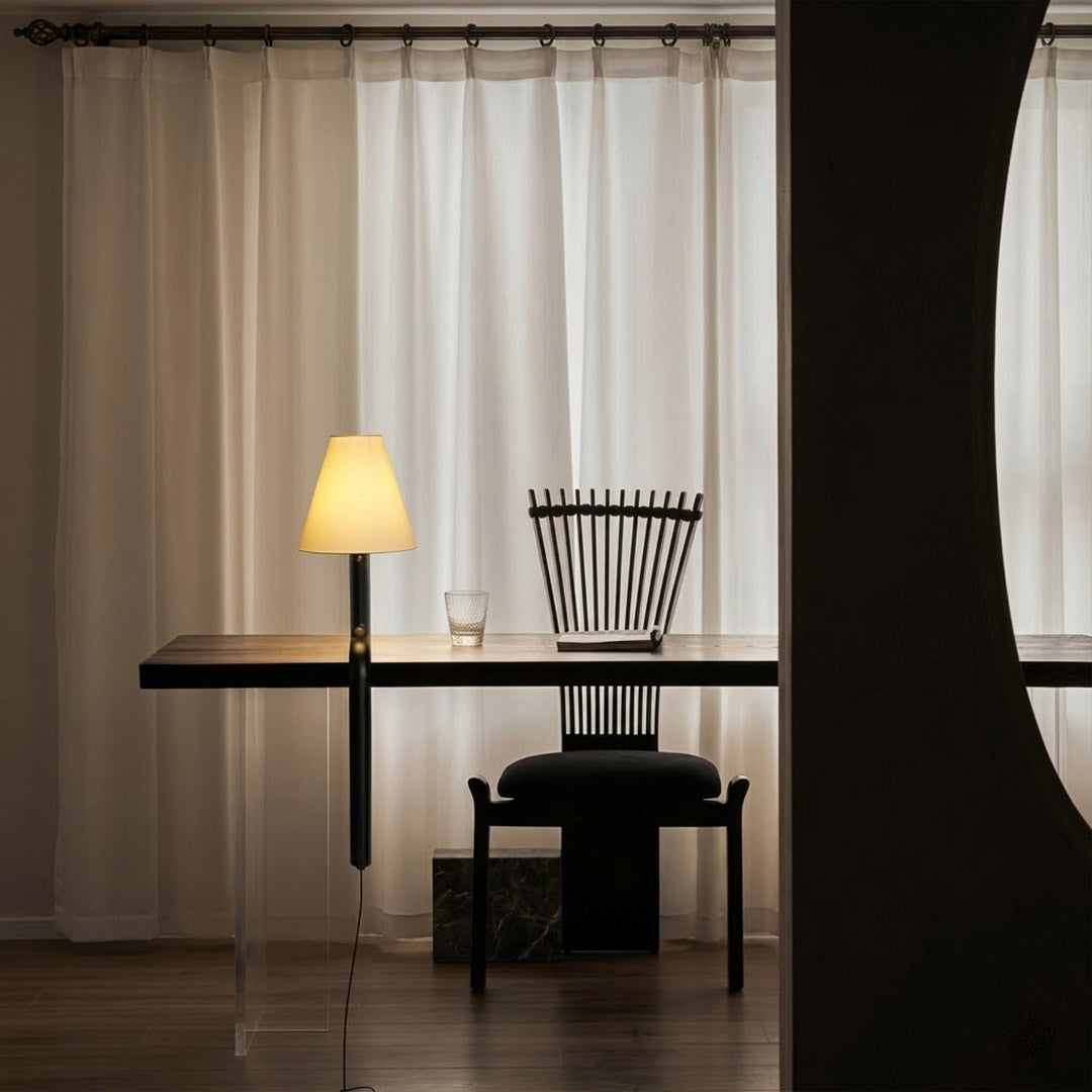 Modern bent wood table lamp with warm ambient LED lighting by Stuberlighting
