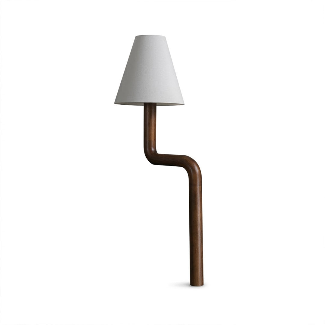 Modern bent wood table lamp with warm ambient LED lighting by Stuberlighting