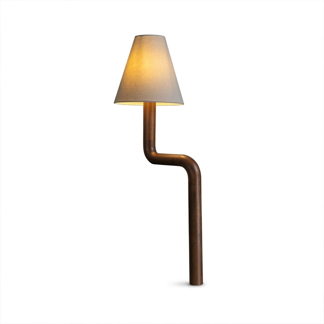 Modern bent wood table lamp with warm ambient LED lighting by Stuberlighting