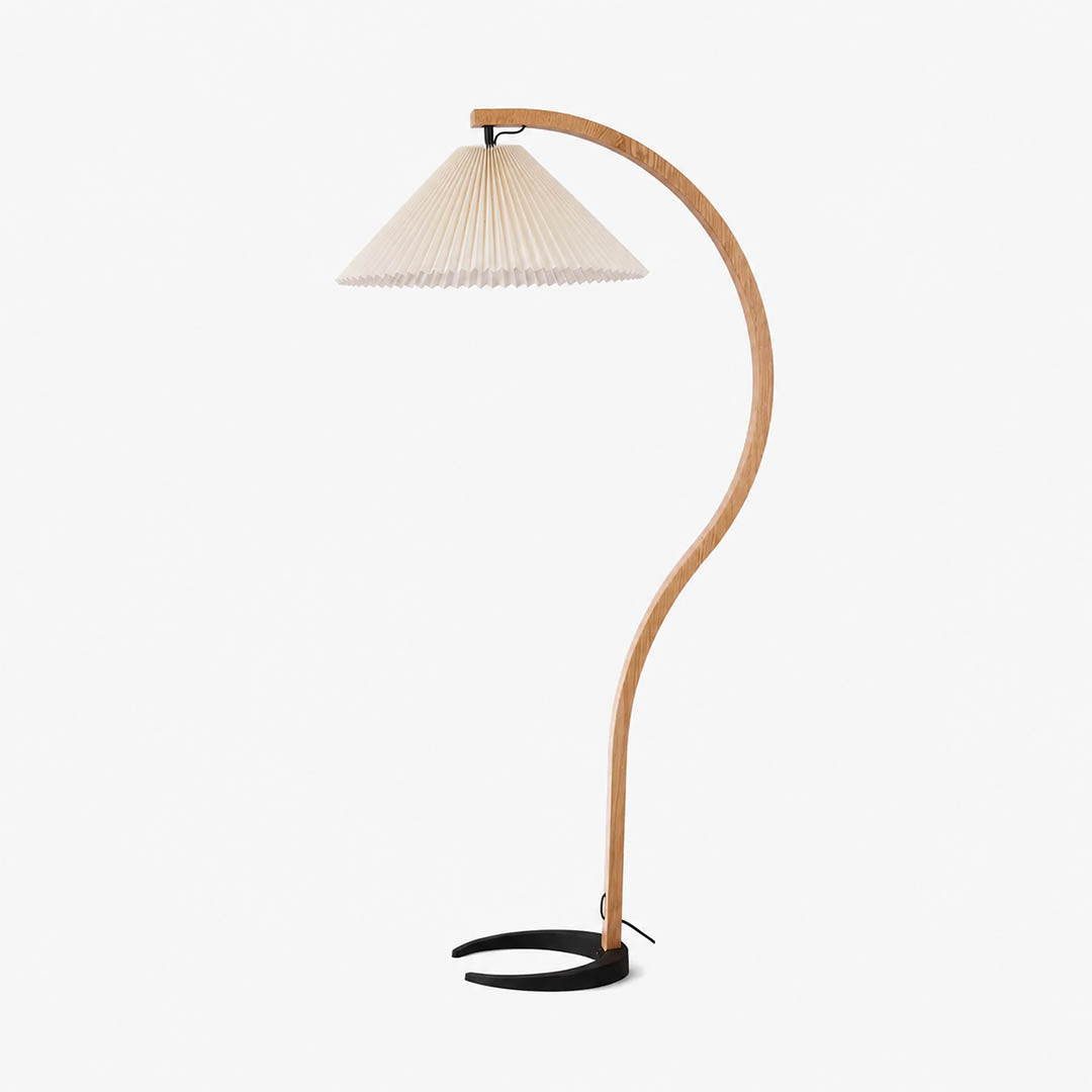 Bendik floor lamp beech wood beige linen shade 59 inch tall vintage Danish 1970s design curved sculptural spine minimalist Scandinavian modern living room bedroom reading corner neutral warm white background