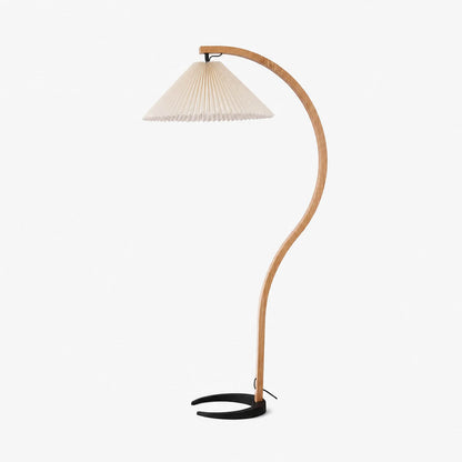 Bendik floor lamp beech wood beige linen shade 59 inch tall vintage Danish 1970s design curved sculptural spine minimalist Scandinavian modern living room bedroom reading corner neutral warm white background