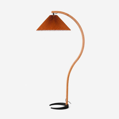 Bendik floor lamp beech wood coffee dark linen shade 59 inch tall vintage Danish 1970s design curved sculptural spine minimalist Scandinavian modern living room bedroom reading corner dark tone white background