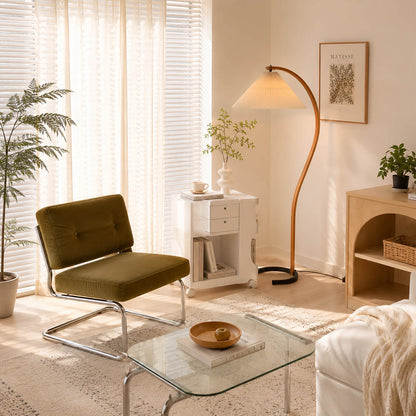 Bendik floor lamp beech wood beige linen shade reading corner armchair book cozy Scandinavian modern warm ambient sculptural Danish lifestyle interior