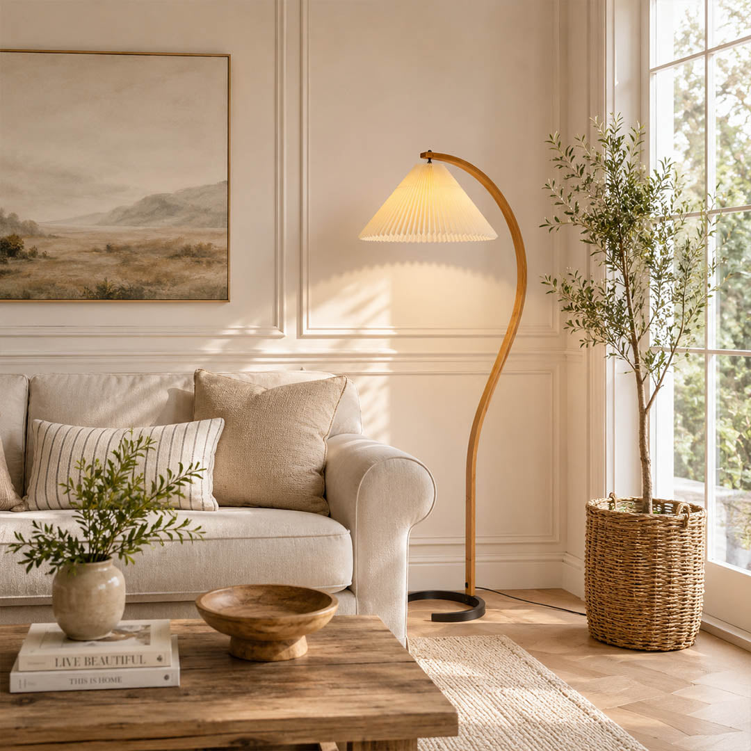 Bendik floor lamp beech wood coffee dark linen shade moody modern living room sculptural statement warm ambient elegant Danish lifestyle interior