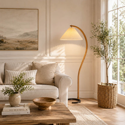 Bendik floor lamp beech wood coffee dark linen shade moody modern living room sculptural statement warm ambient elegant Danish lifestyle interior