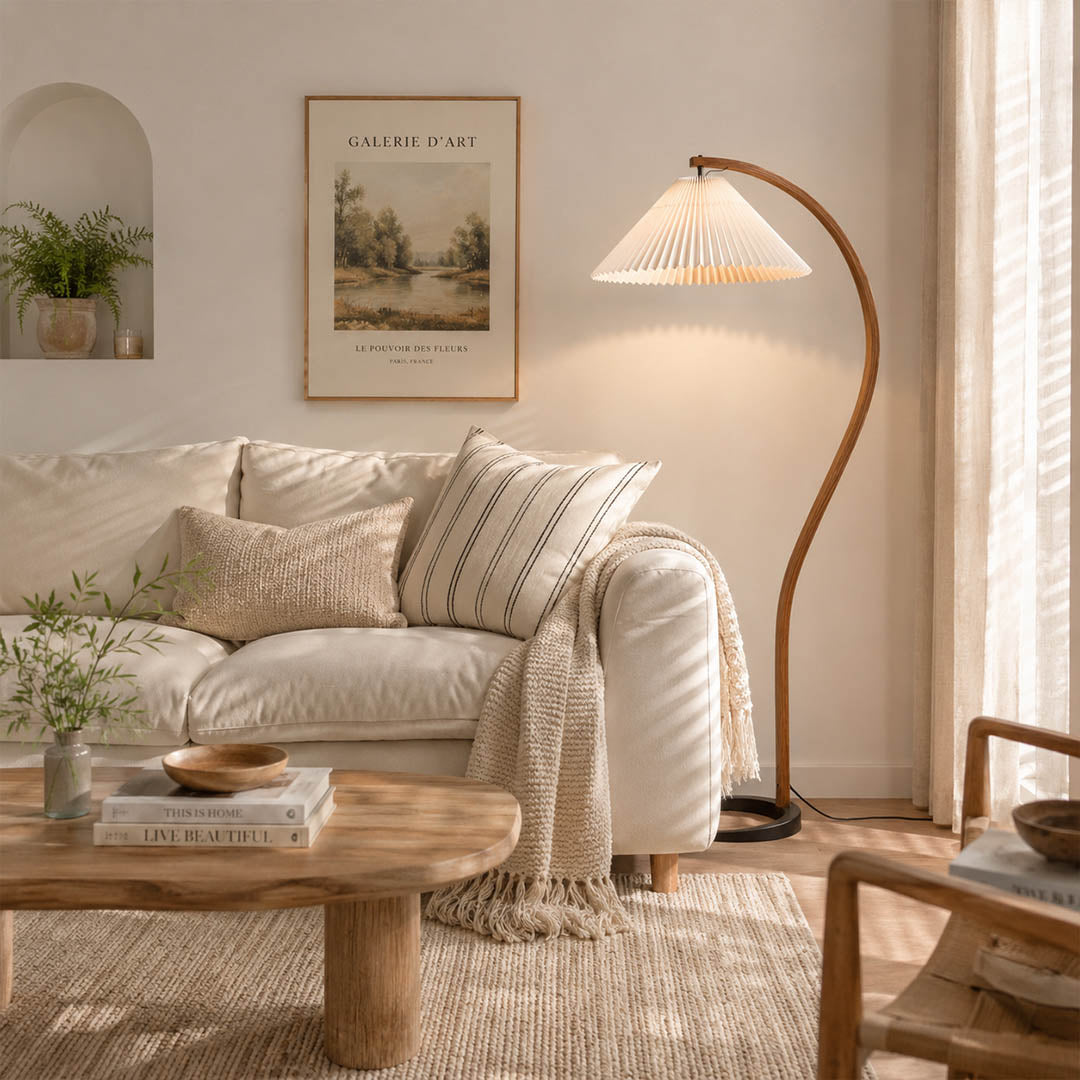 Bendik floor lamp beech wood white linen shade modern Scandinavian minimalist living room seating reading corner warm ambient sculptural elegant Danish lifestyle interior