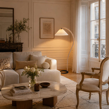 Bendik floor lamp beech wood white linen shade modern Scandinavian minimalist living room seating reading corner warm ambient sculptural elegant Danish lifestyle interior