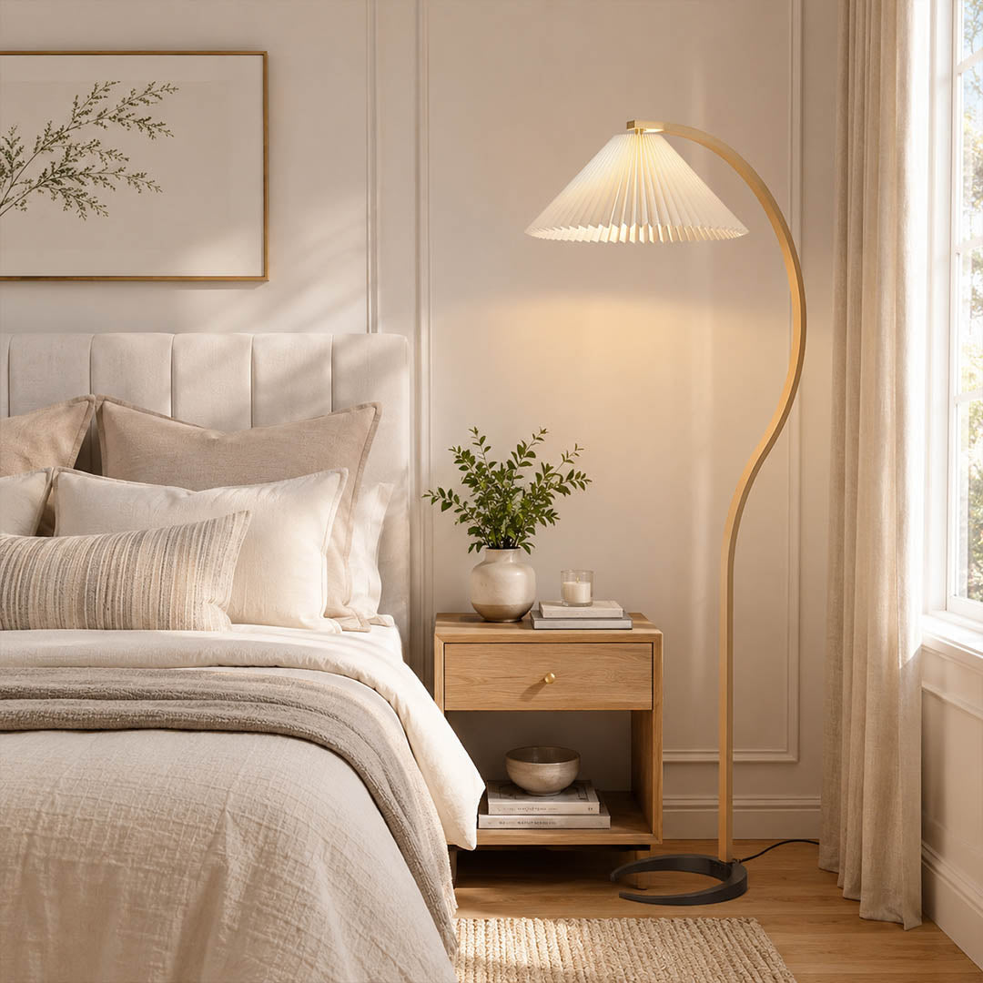 Bendik floor lamp beech wood coffee dark linen shade primary bedroom sculptural corner statement modern warm ambient elegant Danish lifestyle interior