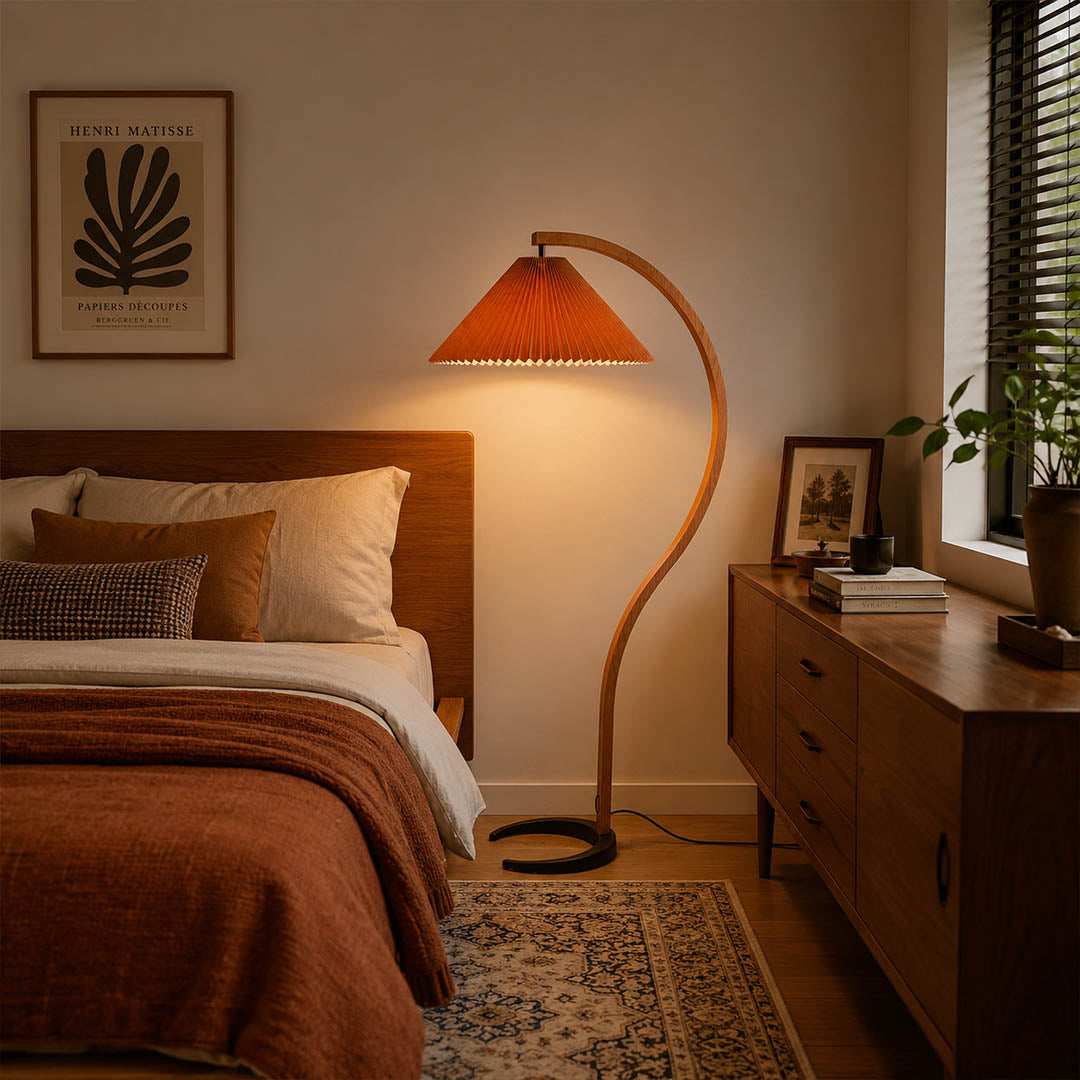 Bendik floor lamp beech wood coffee dark linen shade primary bedroom sculptural corner statement modern warm ambient elegant Danish lifestyle interior