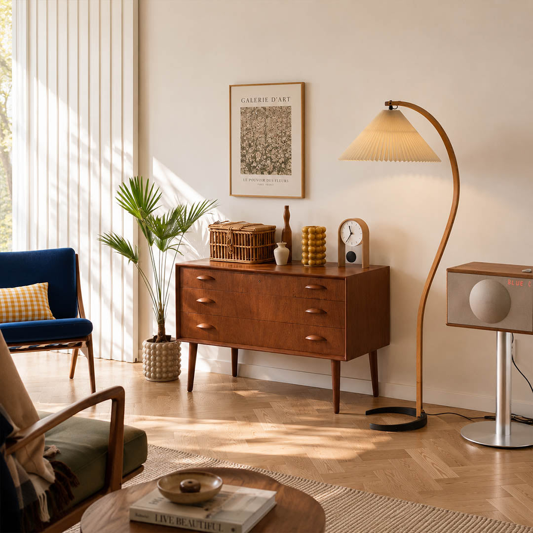 Bendik floor lamp beech wood coffee dark linen shade moody modern living room sculptural statement warm ambient elegant Danish lifestyle interior
