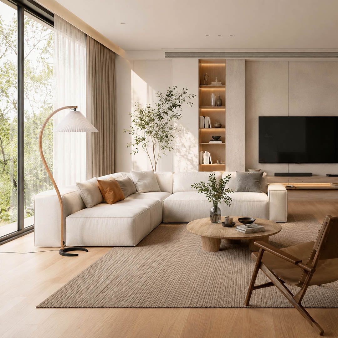 Bendik floor lamp beech wood white linen shade modern Scandinavian minimalist living room seating reading corner warm ambient sculptural elegant Danish lifestyle interior