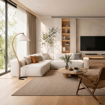 Bendik floor lamp beech wood white linen shade modern Scandinavian minimalist living room seating reading corner warm ambient sculptural elegant Danish lifestyle interior