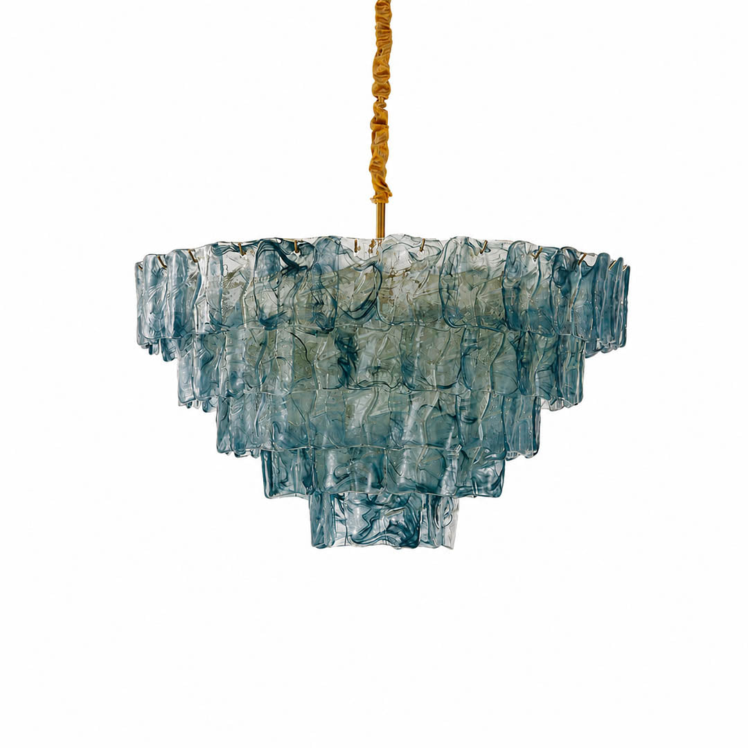 Bianca French vintage Murano glass chandelier medium 24 inch blue 44 pcs textured hand blown Italian glass tiered cascading coastal modern French country white background