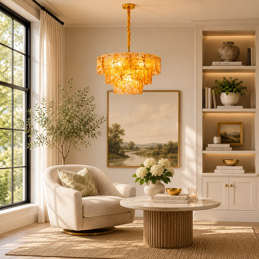 Bianca large blue Murano textured glass chandelier coastal modern living room Hampton oceanfront French traditional grand luxury warm glow lifestyle interior
