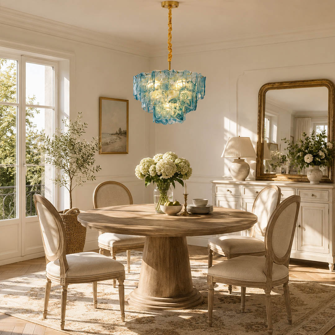 Bianca medium blue Murano textured glass chandelier coastal modern dining room hampton oceanfront French traditional linen walnut warm glow lifestyle interior