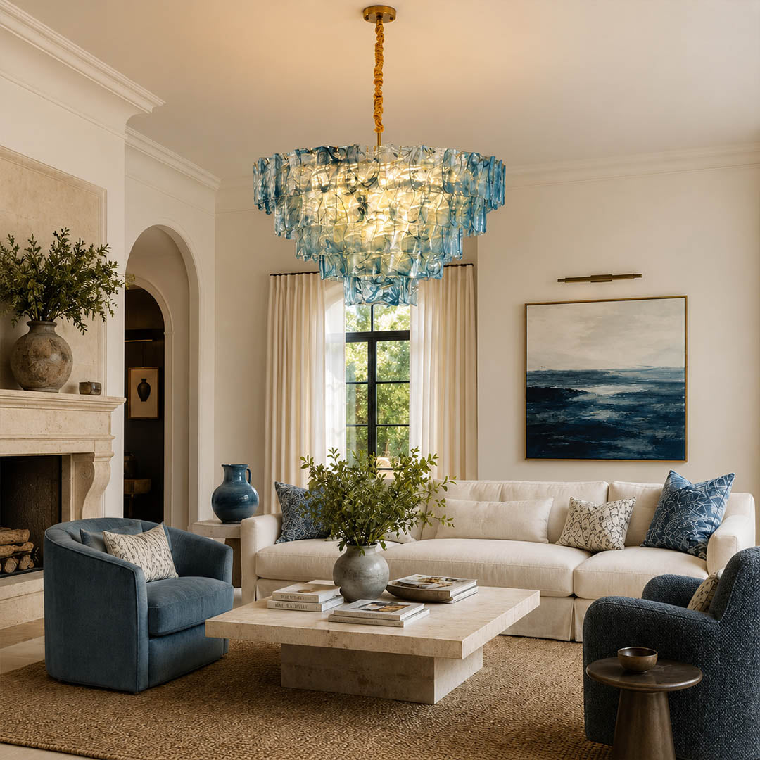Bianca large blue Murano textured glass chandelier coastal modern living room Hampton oceanfront French traditional grand luxury warm glow lifestyle interior