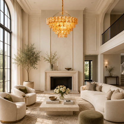 Bianca large amber honey Murano textured glass chandelier grand foyer mansion French country Provencal double height statement warm glow lifestyle interior