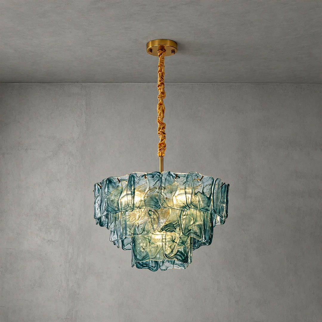 Bianca French vintage Murano glass chandelier medium 24 inch blue 44 pcs textured hand blown Italian glass tiered cascading coastal modern French country white background