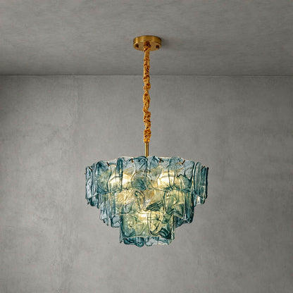 Bianca French vintage Murano glass chandelier medium 24 inch blue 44 pcs textured hand blown Italian glass tiered cascading coastal modern French country white background