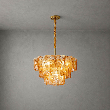 Bianca French vintage Murano glass chandelier medium 24 inch amber honey 44 pcs textured hand blown Italian glass tiered cascading French country traditional white background