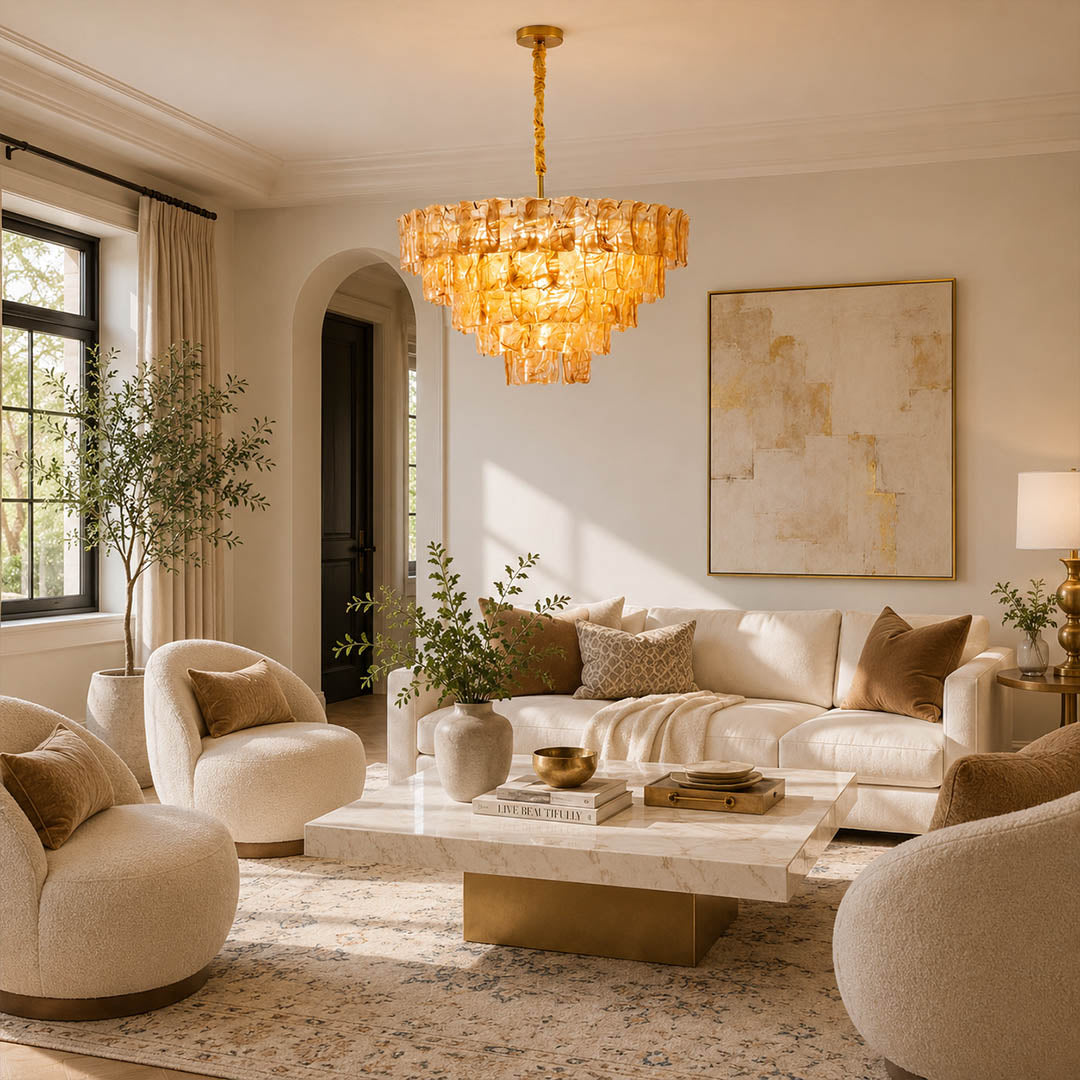 Bianca large blue Murano textured glass chandelier coastal modern living room Hampton oceanfront French traditional grand luxury warm glow lifestyle interior
