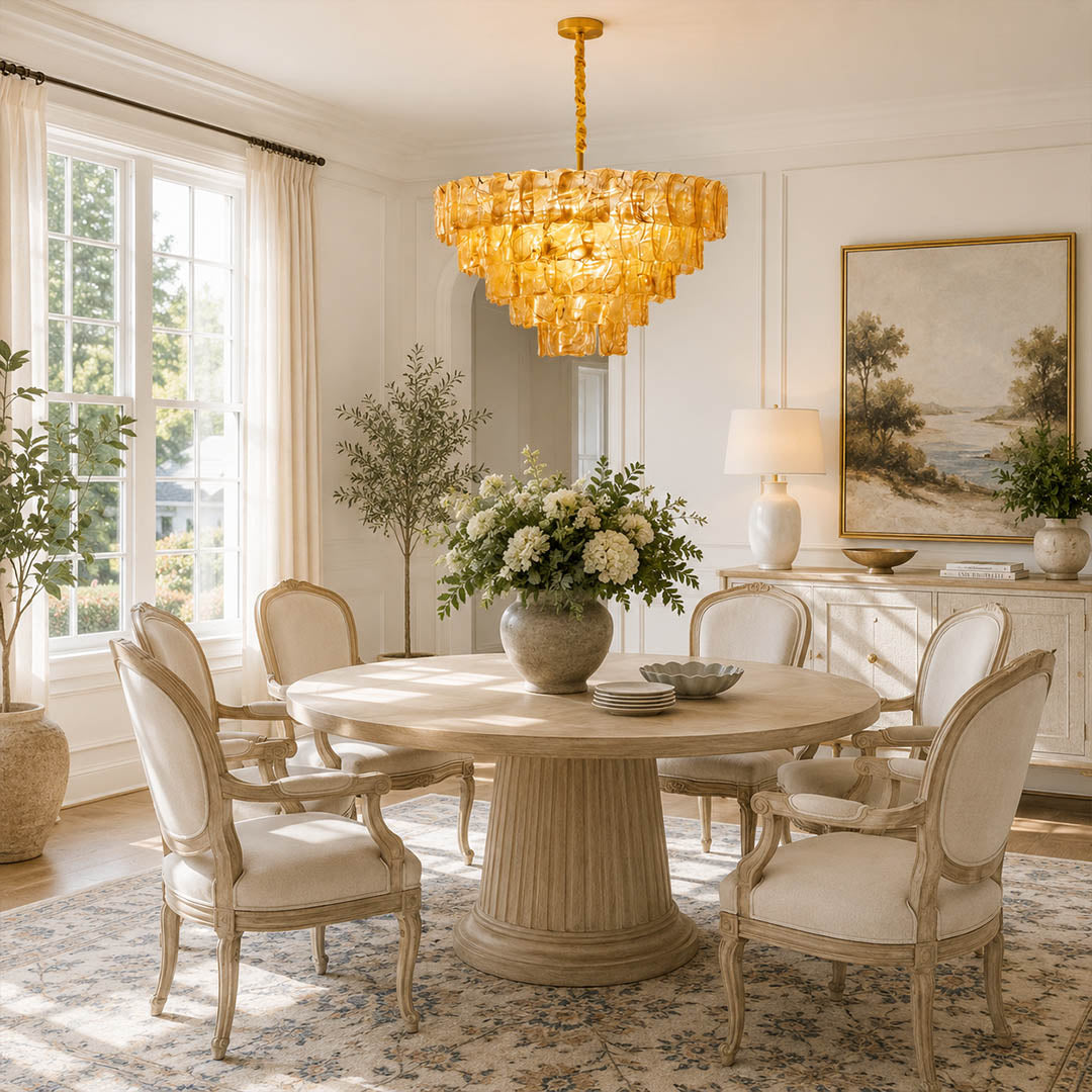 Bianca medium amber honey Murano textured glass chandelier French country Provencal traditional dining room walnut wood warm glow lifestyle interior