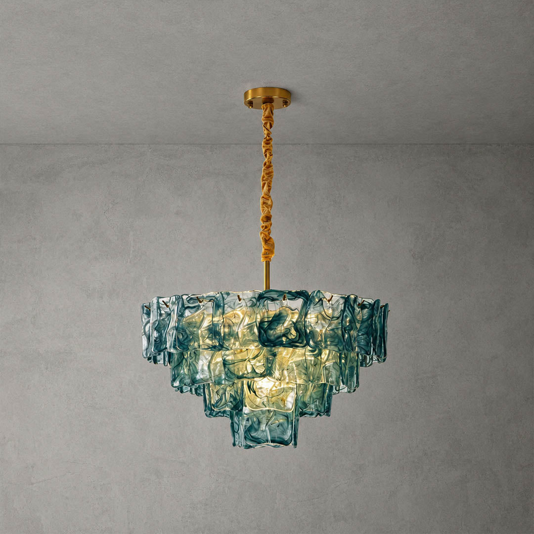 Bianca French vintage Murano glass chandelier small 20 inch blue 30 pcs textured hand blown Italian glass tiered cascading coastal modern French country white background