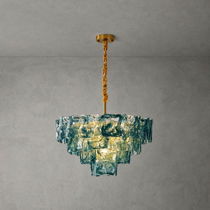 Bianca French vintage Murano glass chandelier small 20 inch blue 30 pcs textured hand blown Italian glass tiered cascading coastal modern French country white background