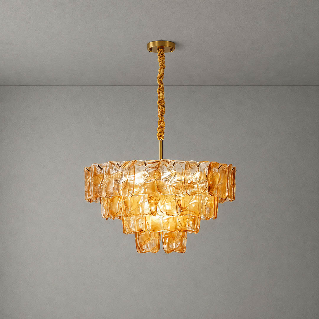 Bianca French vintage Murano glass chandelier small 20 inch amber honey 30 pcs textured hand blown Italian glass tiered French country traditional white background