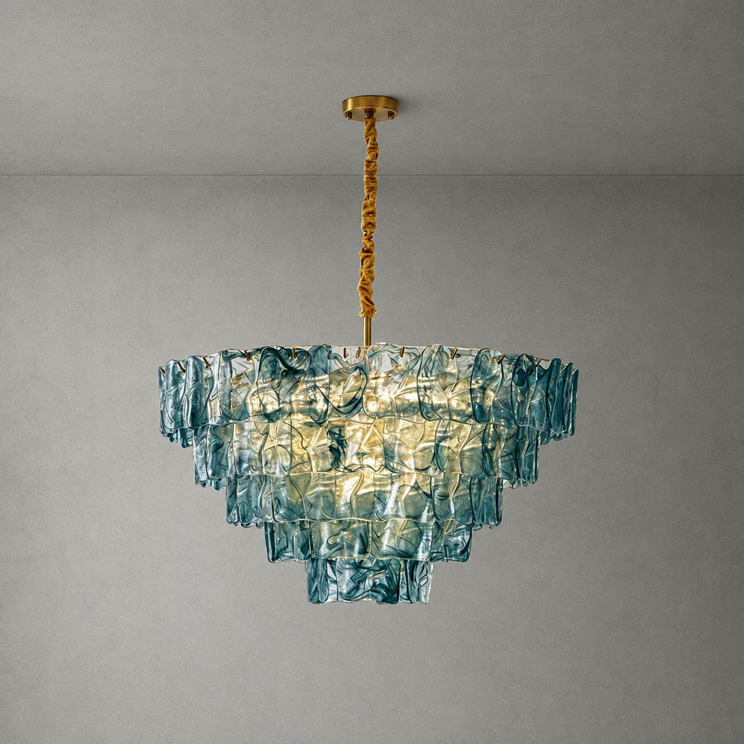 Bianca French vintage Murano glass chandelier large 32 inch blue 79 pcs grand statement textured hand blown Italian glass tiered cascading coastal modern mansion white background