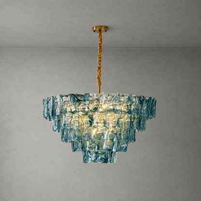 Bianca French vintage Murano glass chandelier large 32 inch blue 79 pcs grand statement textured hand blown Italian glass tiered cascading coastal modern mansion white background