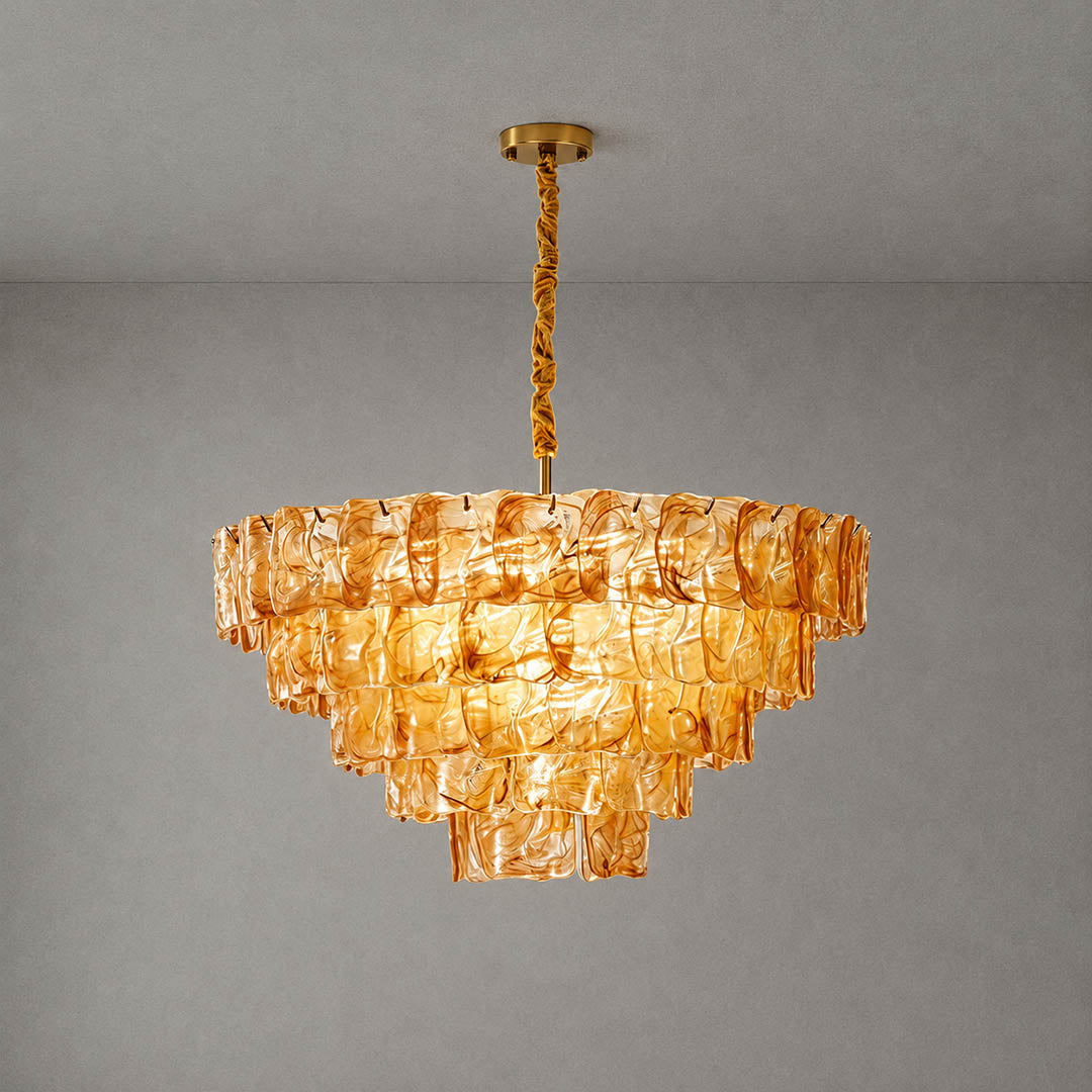 Bianca French vintage Murano glass chandelier large 32 inch amber honey 79 pcs grand textured hand blown Italian glass tiered cascading French country mansion white background