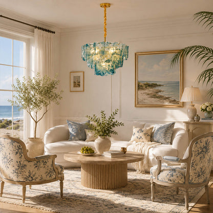 Bianca large blue Murano textured glass chandelier coastal modern living room Hampton oceanfront French traditional grand luxury warm glow lifestyle interior