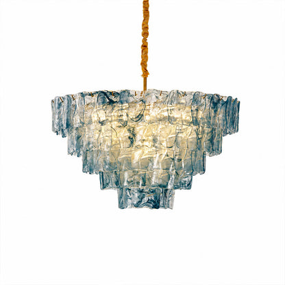 Bianca French vintage Murano glass chandelier medium 24 inch blue 44 pcs textured hand blown Italian glass tiered cascading coastal modern French country white background
