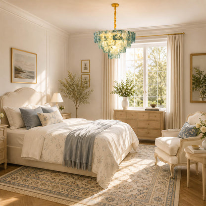 Bianca small blue Murano textured glass chandelier coastal modern primary bedroom French traditional linen romantic warm glow lifestyle interior