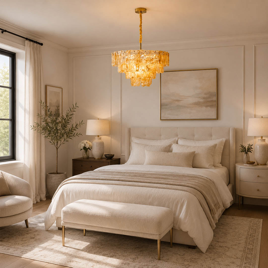 Bianca small blue Murano textured glass chandelier coastal modern primary bedroom French traditional linen romantic warm glow lifestyle interior