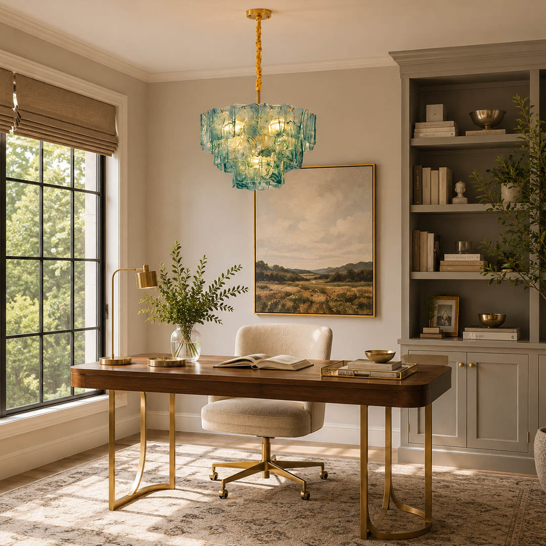 Bianca small blue Murano textured glass chandelier coastal modern primary bedroom French traditional linen romantic warm glow lifestyle interior
