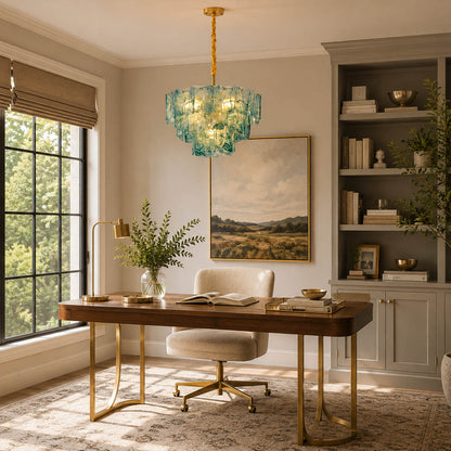 Bianca small blue Murano textured glass chandelier coastal modern primary bedroom French traditional linen romantic warm glow lifestyle interior