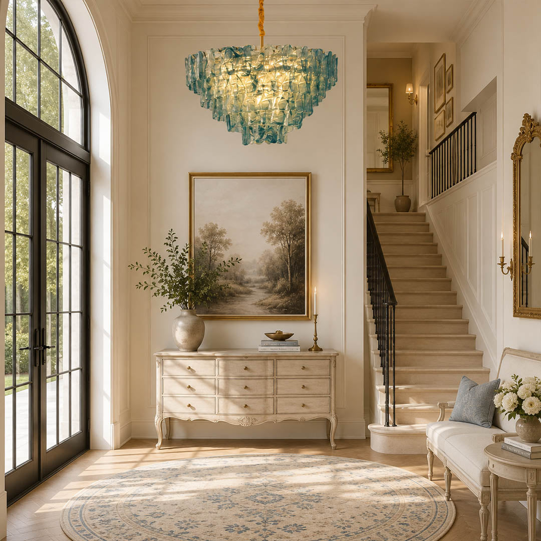 Bianca large amber honey Murano textured glass chandelier grand foyer mansion French country Provencal double height statement warm glow lifestyle interior