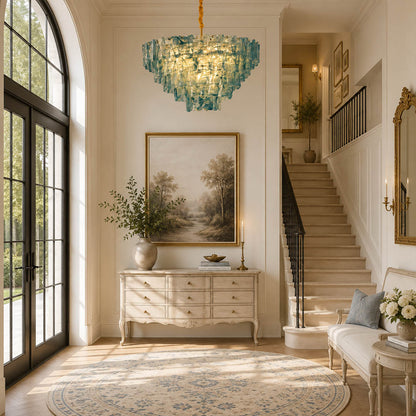 Bianca large amber honey Murano textured glass chandelier grand foyer mansion French country Provencal double height statement warm glow lifestyle interior