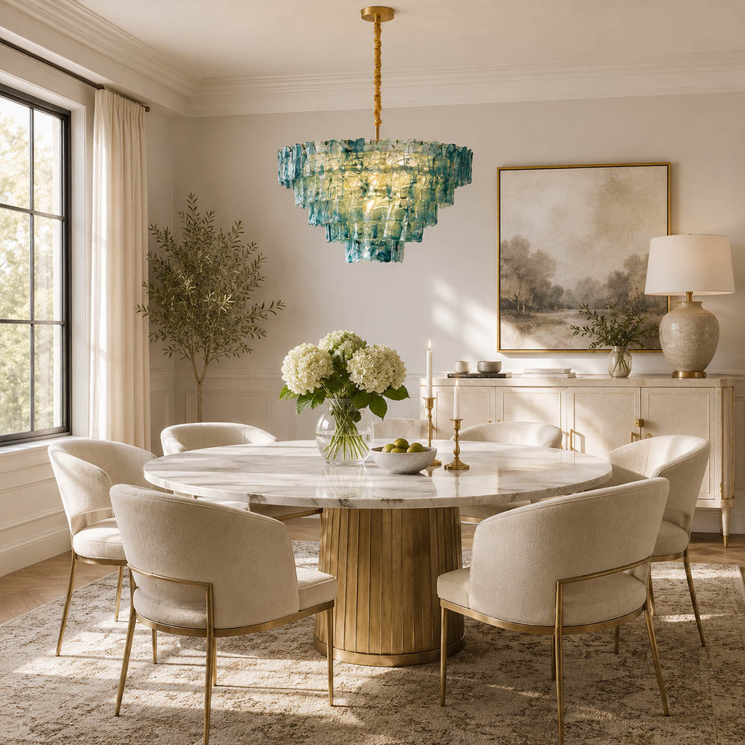 Bianca medium blue Murano textured glass chandelier coastal modern dining room hampton oceanfront French traditional linen walnut warm glow lifestyle interior