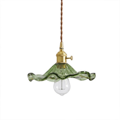 Bloom green glass flower pendant light mini brass hanging lamp white background