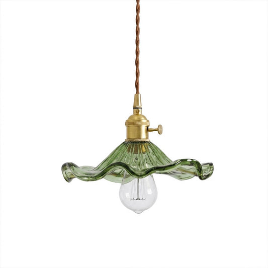 Bloom green glass flower pendant light mini brass hanging lamp white background