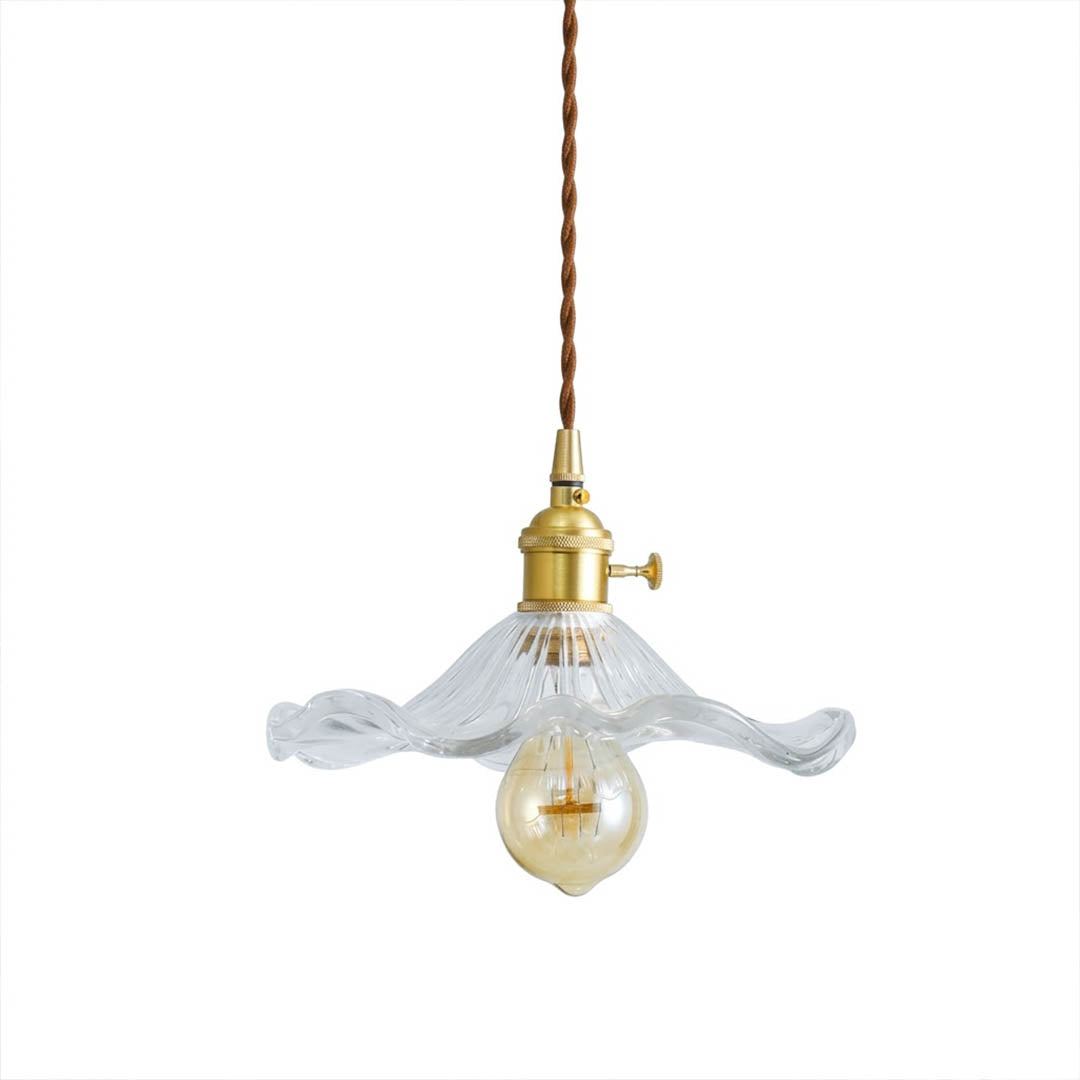Bloom clear glass flower pendant light mini brass hanging lamp white background