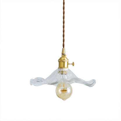 Bloom clear glass flower pendant light mini brass hanging lamp white background