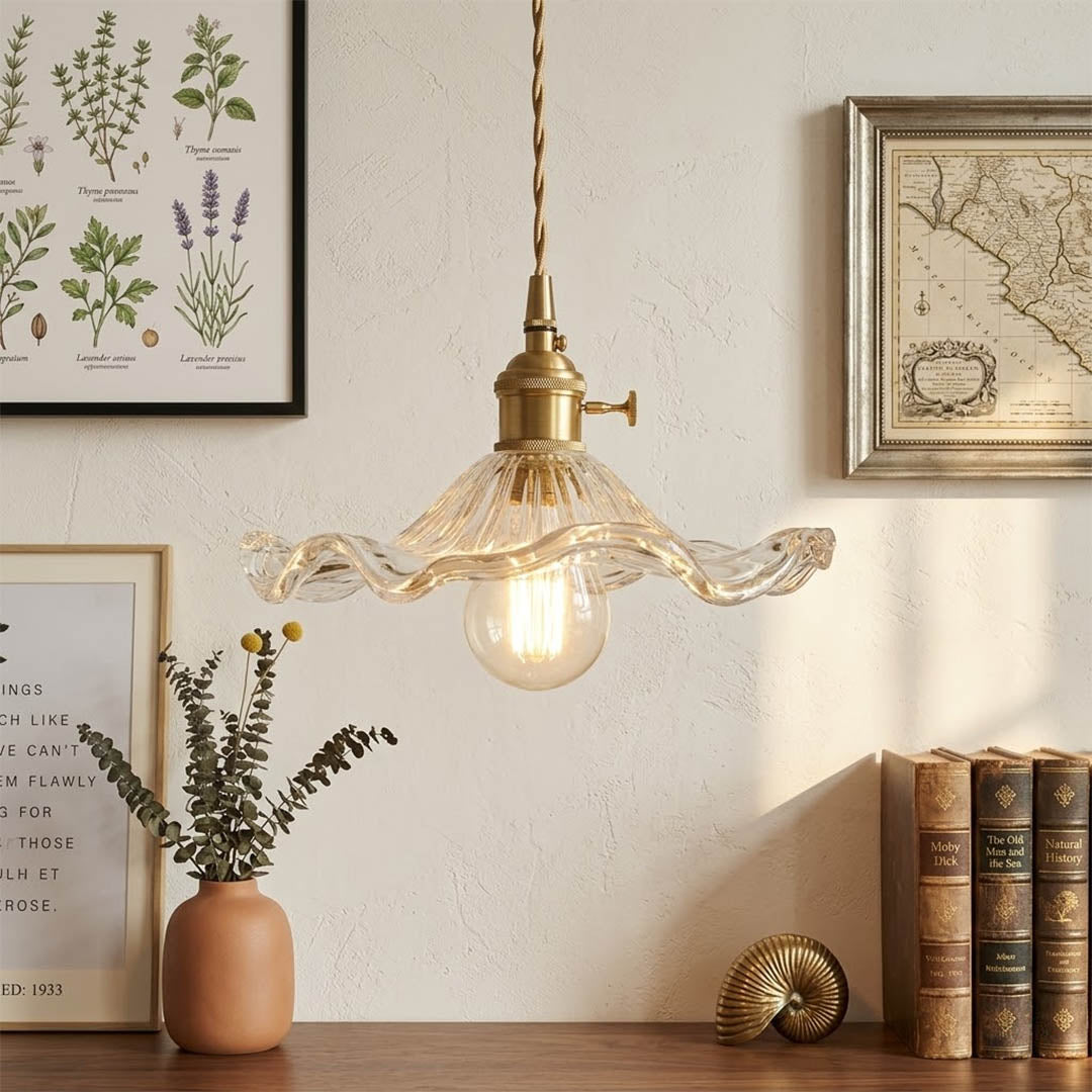 Bloom glass flower pendant light petal shaped shade brass detail close up
