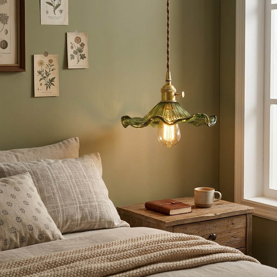 Bloom glass flower pendant lights cluster above kitchen island warm glow interior