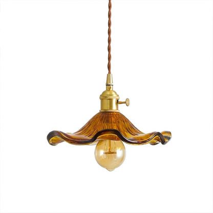 Bloom brown glass flower pendant light mini brass hanging lamp white background