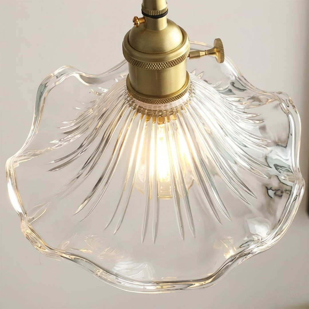 Bloom glass flower pendant light petal shaped shade brass detail close up